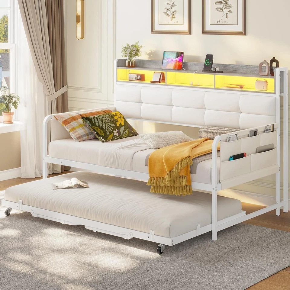 Twin Daybed with Trundle with Upholstered Headboard, LED Lights Metal Bed Frame - Image 4 of 4