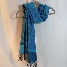 100% Pashmina Blue Black Paisley Wrap Shawl Scarf 67” x 27” Plus Fringe