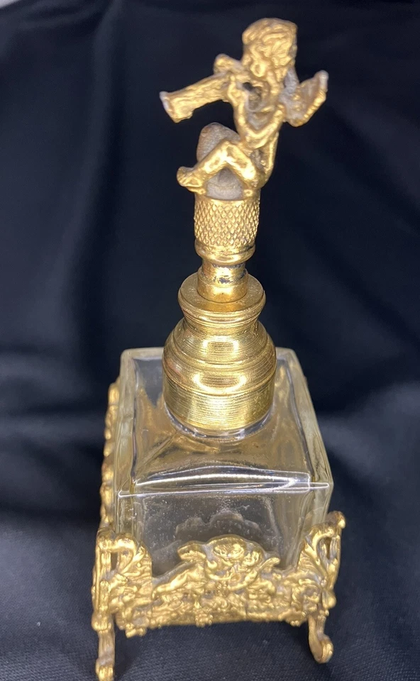 Vintage Gold Ormulu Germany Filigree Perfume Bottle Cherub wHorn Dauber G3D - Image 3 of 4