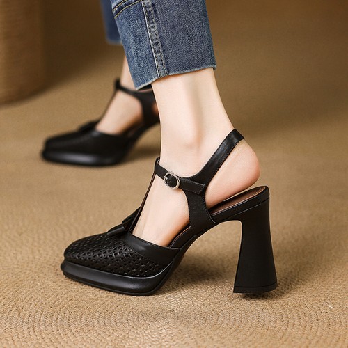 Damen-Sandalen quadratische Zehenpartie dicker Absatz Leder hohl modisch super hohe Absätze Mesh - Bild 20 von 27