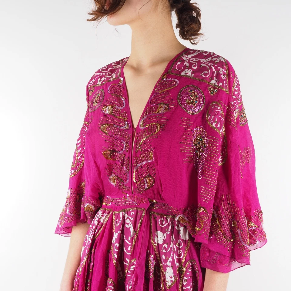 Etro Milano Women Pink Silk Hand Embroidered Beaded Long Midi Dress size 38 - Image 3 of 4