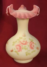 1971 Fenton Burmese Satin Art Glass 8 1/4" High Tri-Corner Rim Vase Roses