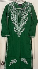 Madison Mathews NWOT Dress XS Kelly Green Embroidered Shift Cotton Kurti Slits