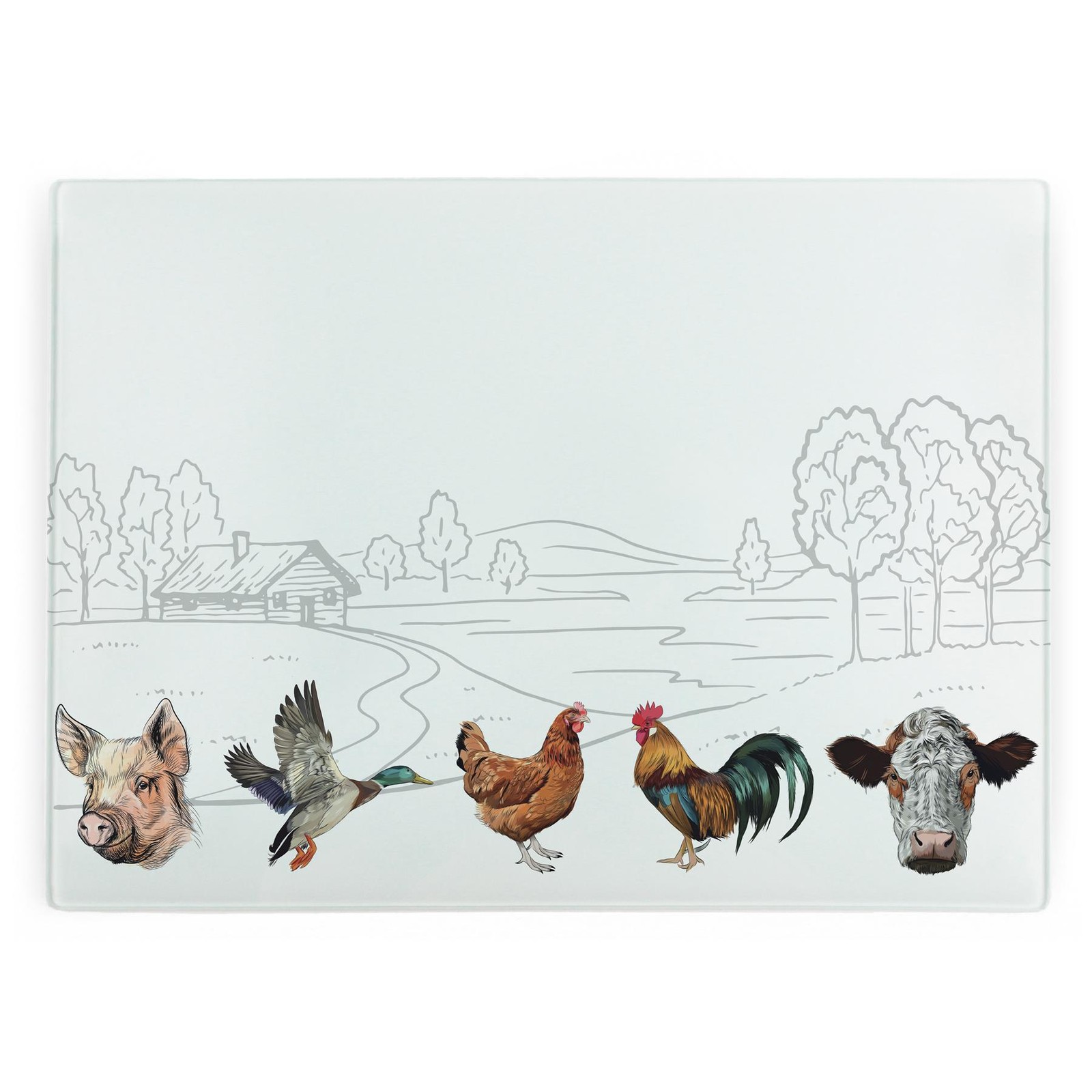 Country Farm Animals Glass Chopping Board - Rectangular Large Worktop Protector