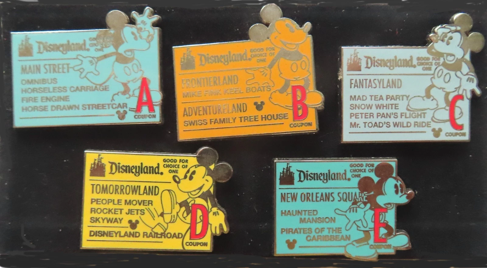 Disneyland pins: 2005 Cast Lanyard A thru E Ticket Coupons set of 5