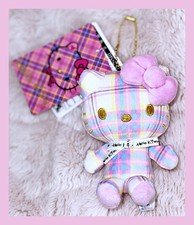 Sanrio Hello Kitty Mascot Holder Keychain Tartan Collection White Ver. Toy Doll