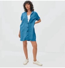 Everlane Linen Workwear Dress Cobalt Blue Chest Pockets Button front Mid thigh M