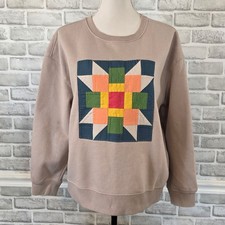 OOAK Upcycled Patchwork Quilt Block Sweatshirt Tan Boho XL