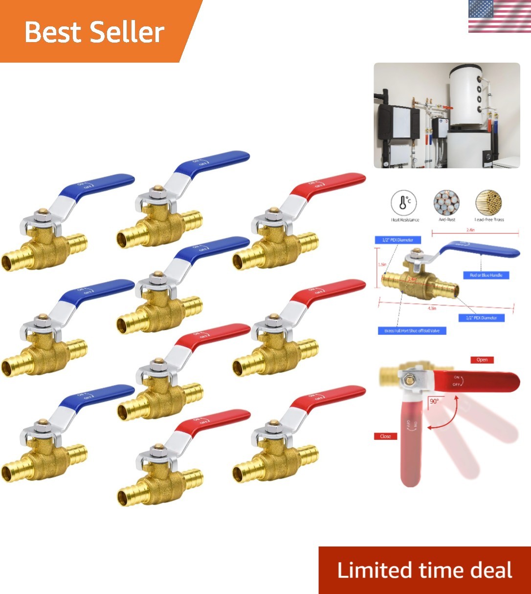 10pcs PEX Brass Full Port Shut-Off Ball Valve Set - 1/2" Durable & Reliable