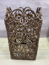 Vintage Cast Metal Gold Gilt Filigree Metal Square Cylinder Candle Cover 7” Tall