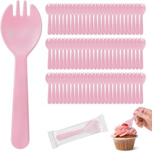 100Pcs Mini Pink Plastic Spork, 4.2 Inch Individually Wrapped Disposable Cutlery