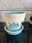 Vintage McCoy Pottery Icicle Drip Planter Turquoise Blue Attached Saucer