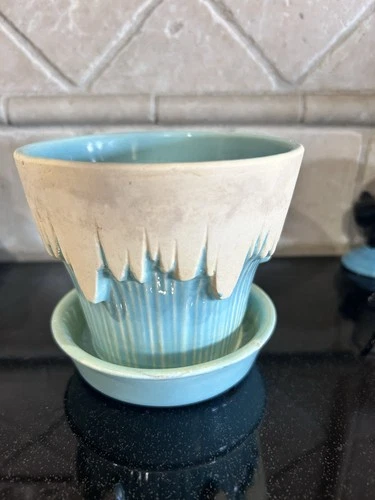 Vintage McCoy Pottery Icicle Drip Planter Turquoise Blue Attached Saucer
