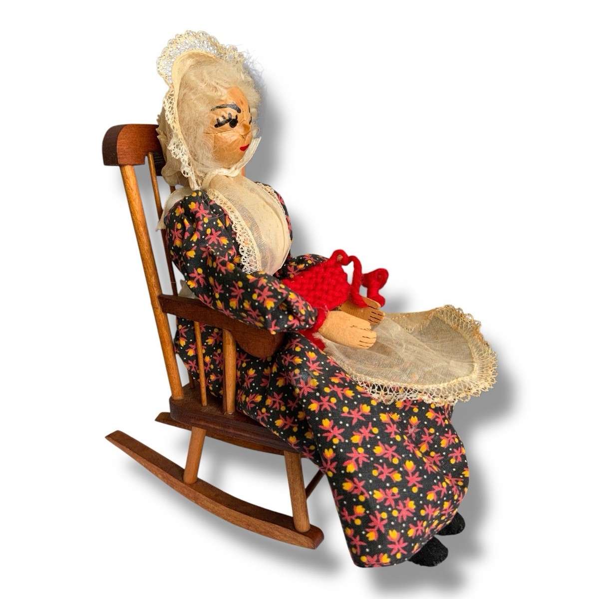 Vintage Ozark Dolls Corn Grandma Snazzy In Rocking Chair Walnut