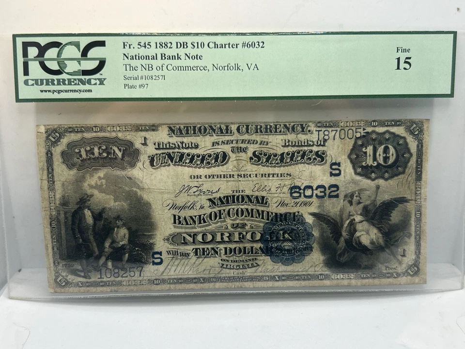 FR#545 1882 $10 Date Back National Bank of Commerce Norfolk VA PCGS F-15! Rare** - Image 3 of 4