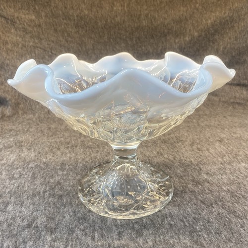 Vintage Fenton Clear & White Opal Compote w/ Water Lily Pattern & Ruffled Edge - Picture 2 of 12