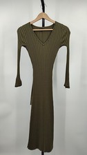 Quince Women Cotton Cashmere Ribbed Long Sleeve V-Neck Midi Dress Olive XS