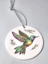 Set Of 3 Hummingbird White Porcelain With Multi Colors Round Ornament 2 7/8" NEW