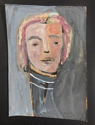 Portrait Painting Original Pink Gray Grungy Naive Woman Wall Art Miz Katie