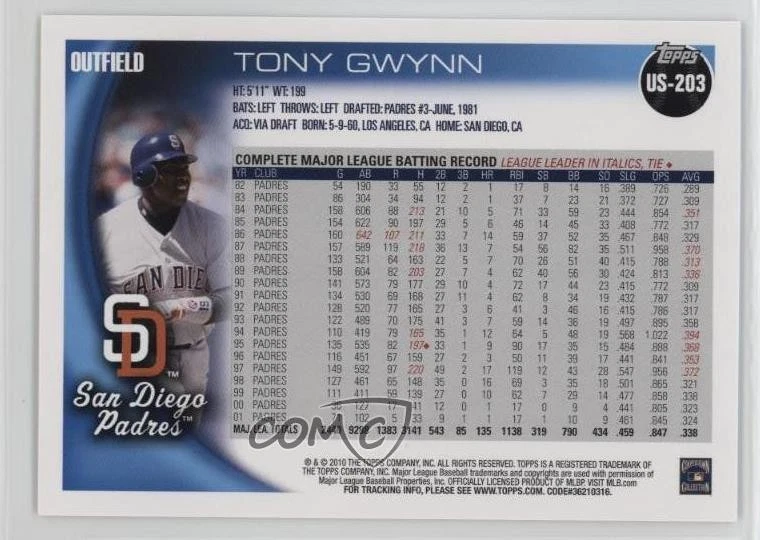 2010 Topps Update SP Legend Variation Tony Gwynn #US-203 HOF - Image 2 of 2