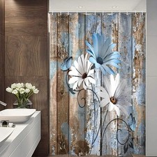Farmhouse Flower Floral Shower Curtain, Rustic Blue Daisy Shower Curtain Set,