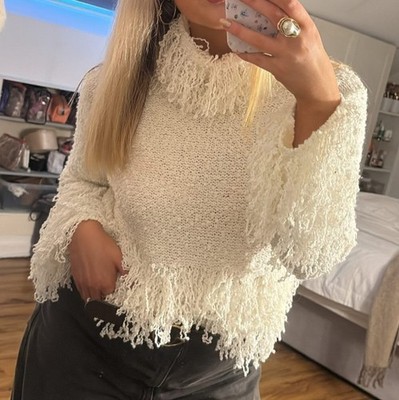 ZARA ECRU WOOL ROLL NECK CLASSY ARTY SOFT FRINGED KNIT JUMPER
