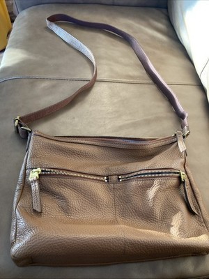 Fossil, Elise Double Zip Brown Pebbled Leather Crossbody Shoulder Bag / Purse