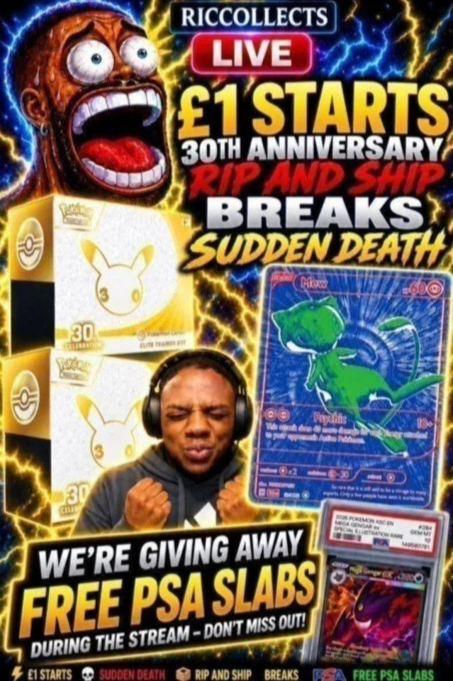 FREE PSA SLABS‼️ 30TH ANNIVERSARY £1 STARTS SUDDEN DEATH BREAKS AND RIP N…