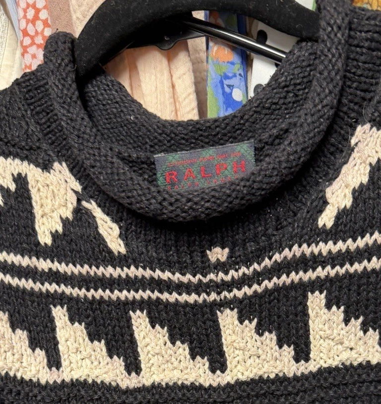 Suéter de lã grossa Ralph Lauren sudoeste asteca tricotado à mão tamanho médio - Imagem 3 de 4