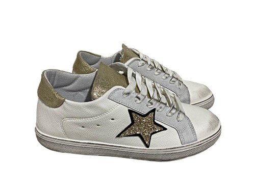 scarpe sneakers basse donna pelle bianco platino doppia stella glitter  vintage | eBay