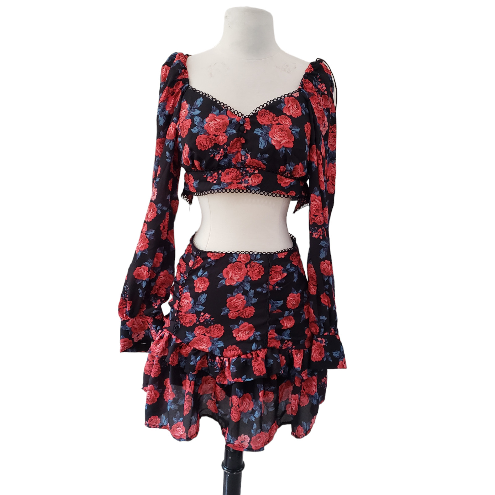 Love By Design Floral Rose Top and Ruffle Skirt Two Piece Set Black Size S NWT