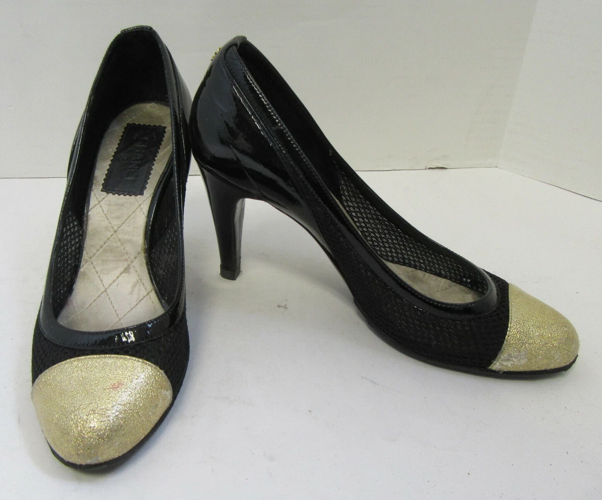 CHANEL Black Patent Leather Mesh Gold Cap-Toe Pumps Size 39