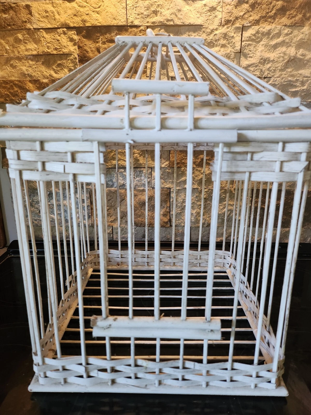 Vintage White Wicker Bamboo Hanging Decorative Bird Cage Good Condition