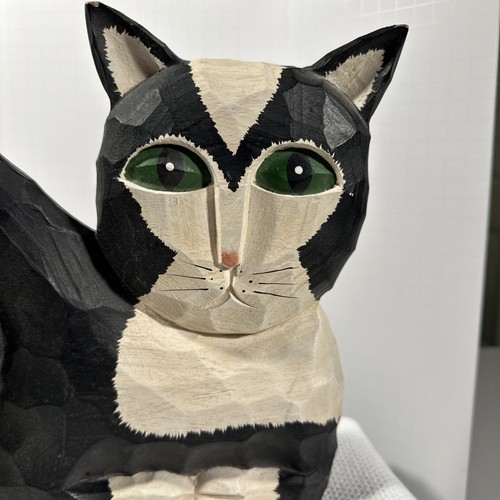 James Haddon Folk Art Cat Carved Wood Black White Green Eyes Signed Large 15 in. - Picture 2 of 21