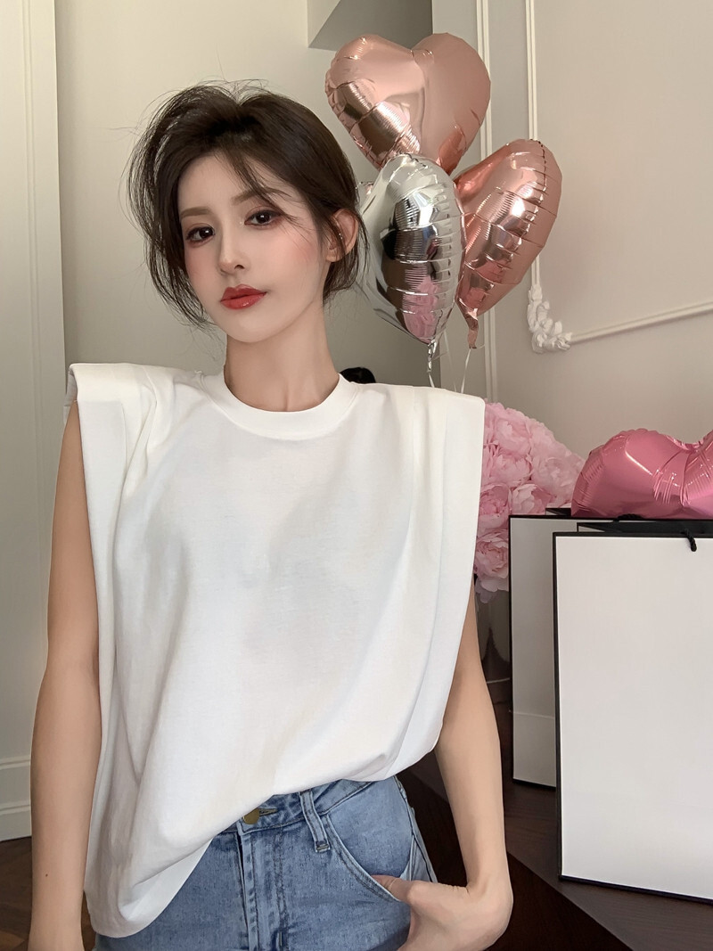 Women Summer Shoulder Pad Design Cotton Sleeveless Loose T Shirt Blouse Tank Top