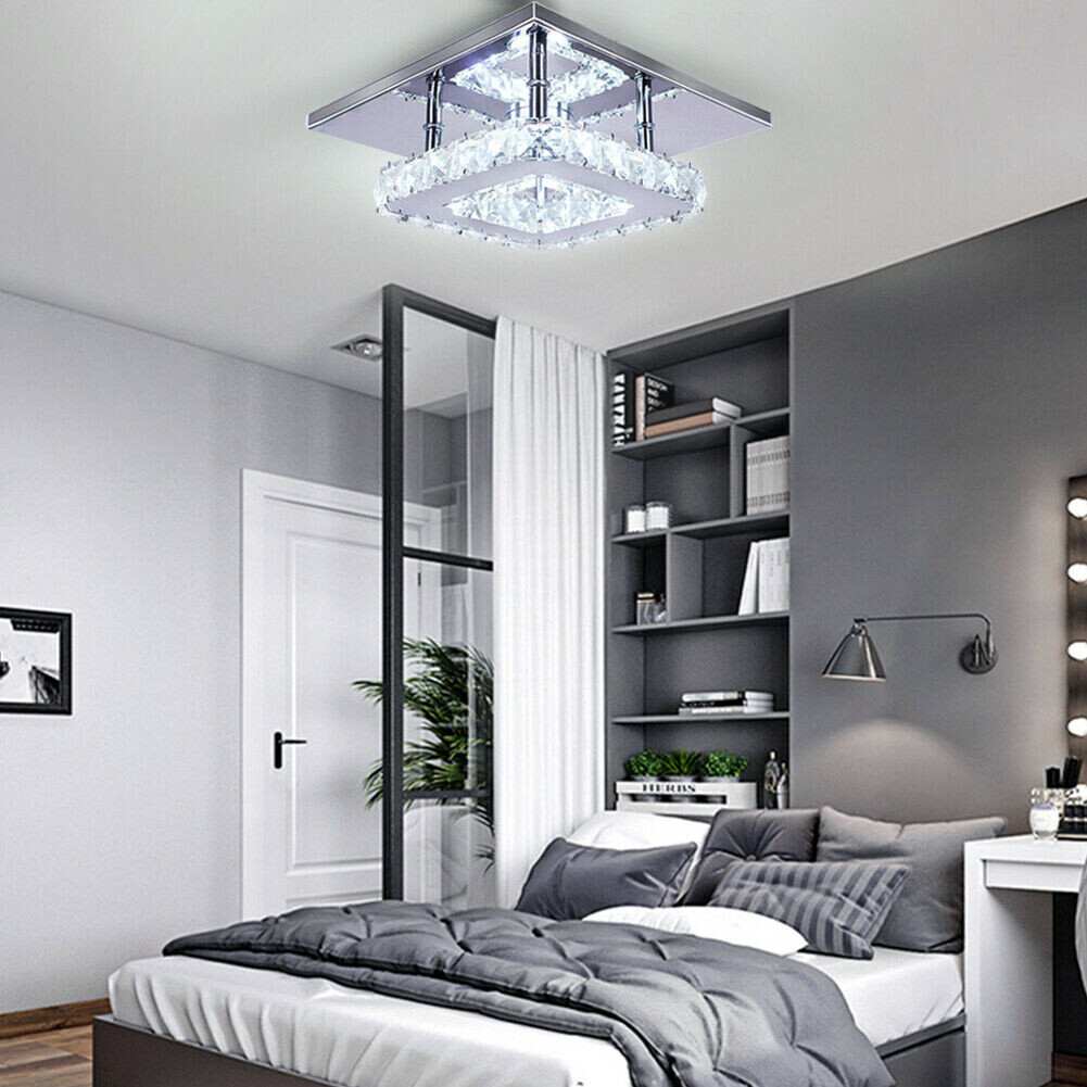 Cool White LED Ceiling Light Crystal Flush Chandelier Square Living