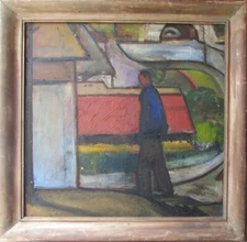 Important WPA painting mystery artist mid cent. modern geometric social realism