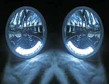 Street Rod 7" Tri Bar Blue Dot H4 Headlights w/ WHITE LED Turn Signals 12v Glass