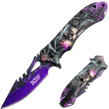 8.5" DARK FANTASY BLADES SKULL PRINTED SPRING ASSISTED FOLDING KNIFE PURPLE