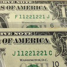 Binary Fancy Serial Numbers $1 Dollar Bills 11221221 Matching Set 1s 2s