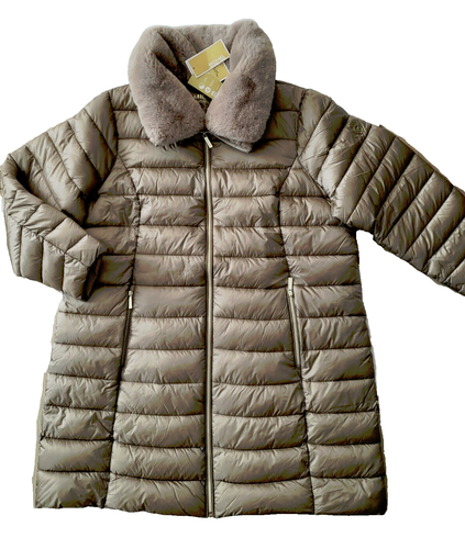 Michael Kors Fur trim Long Quilted Puffer Coat UltraLight Plus Size 2X Taupe