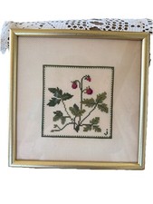 VTG Framed Needlework Embroidery Strawberries Plant Farm Granny Cottage Core