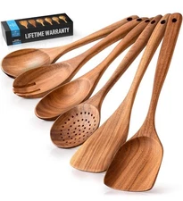 Zulay Kitchen 6-Piece Wooden Cooking Spoons Set – Heat-Resistant, Smooth Teak Ut