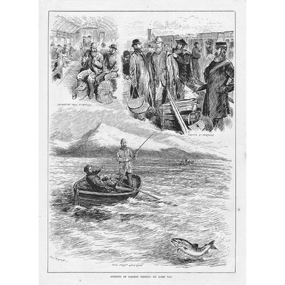Eröffnung des Lachsfischens am Fluss Tay - antiker Druck 1883
