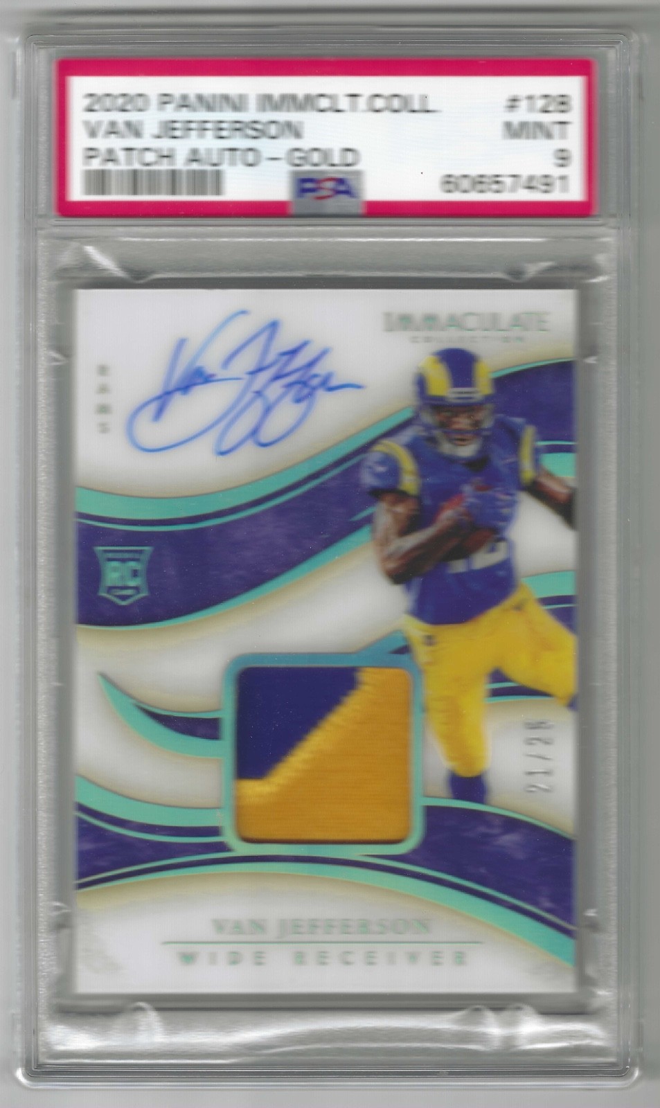 2020 Panini Immaculate Van Jefferson #128 Gold Rookie Patch Auto RC /25 PSA 9