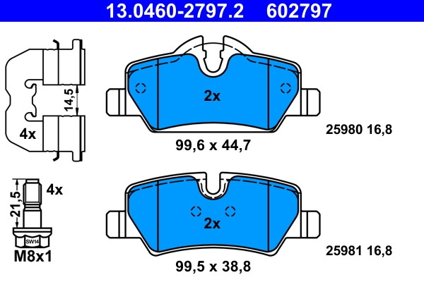Plaquettes de frein arrière ATE 13.0460-2797.2 pour système de frein à disque OE 342168