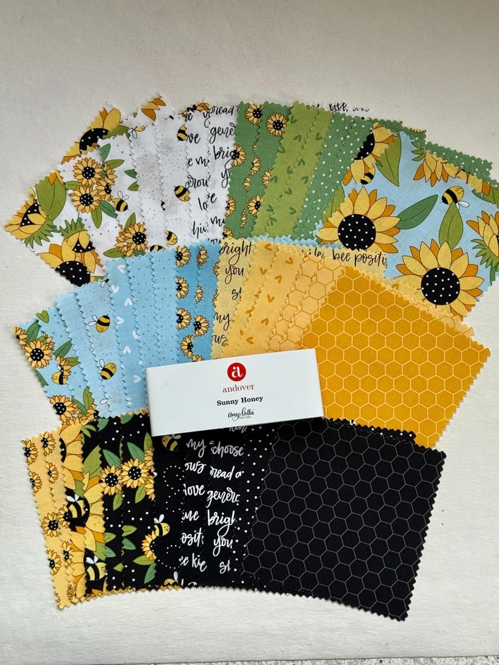 Patchworkstoff Charm Pack „Sunny Honey“ – 42 Baumwollstoffe 12,5x12,5 cm Bienen - Bild 2 von 4