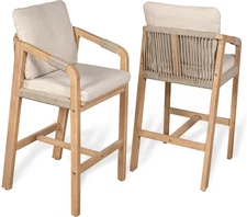 BSL1200A-SET2 Porto Modern Coastal Tub Roped Acacia Wood Outdoor Bar Stool with 