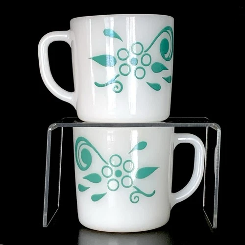 Vintage Federal Glass Milk Glass Coffee Mugs Turquoise Flowers Floral Mod * READ