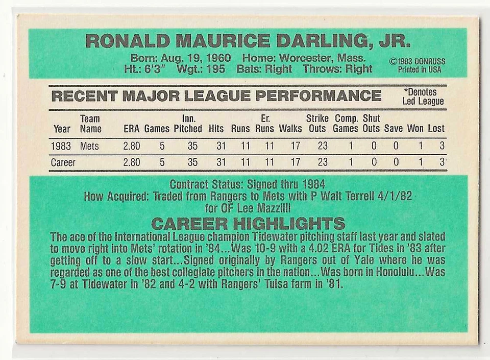 RON DARLING 1984 DUNRUSS 评级新秀-超级罕见无编号 30 纽约 METS' EX-MT — 第 2/2 张图片